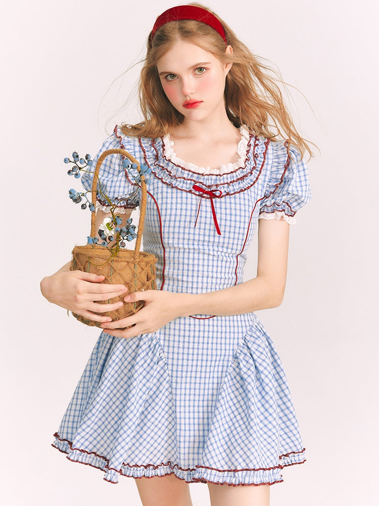 Puff Sleeves Sweet Plaid Princess Dress