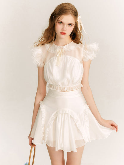 Translucent Flying Sleeve Top ＆ Lace Mini Skirt