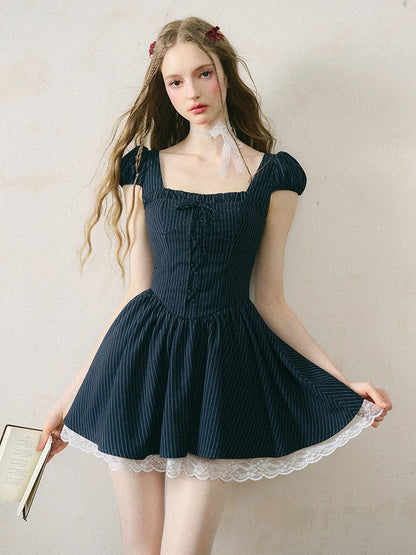 Strappy Bow Lace Striped Puff Sleeve One-piece