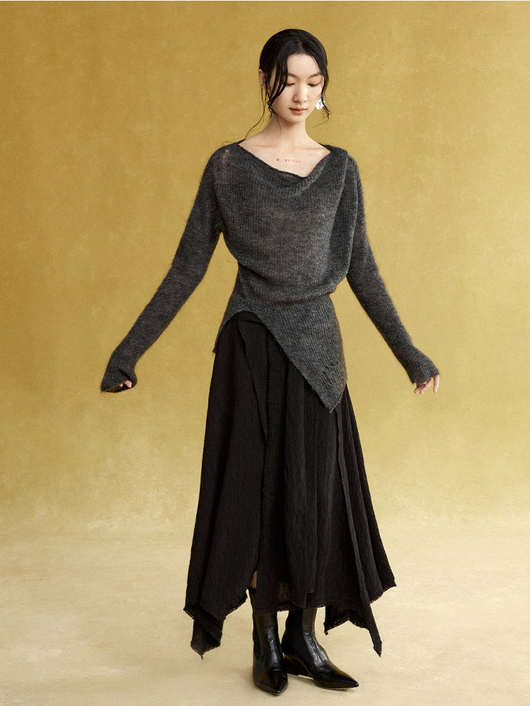 Swing Collar Asymmetry Slit Sweater