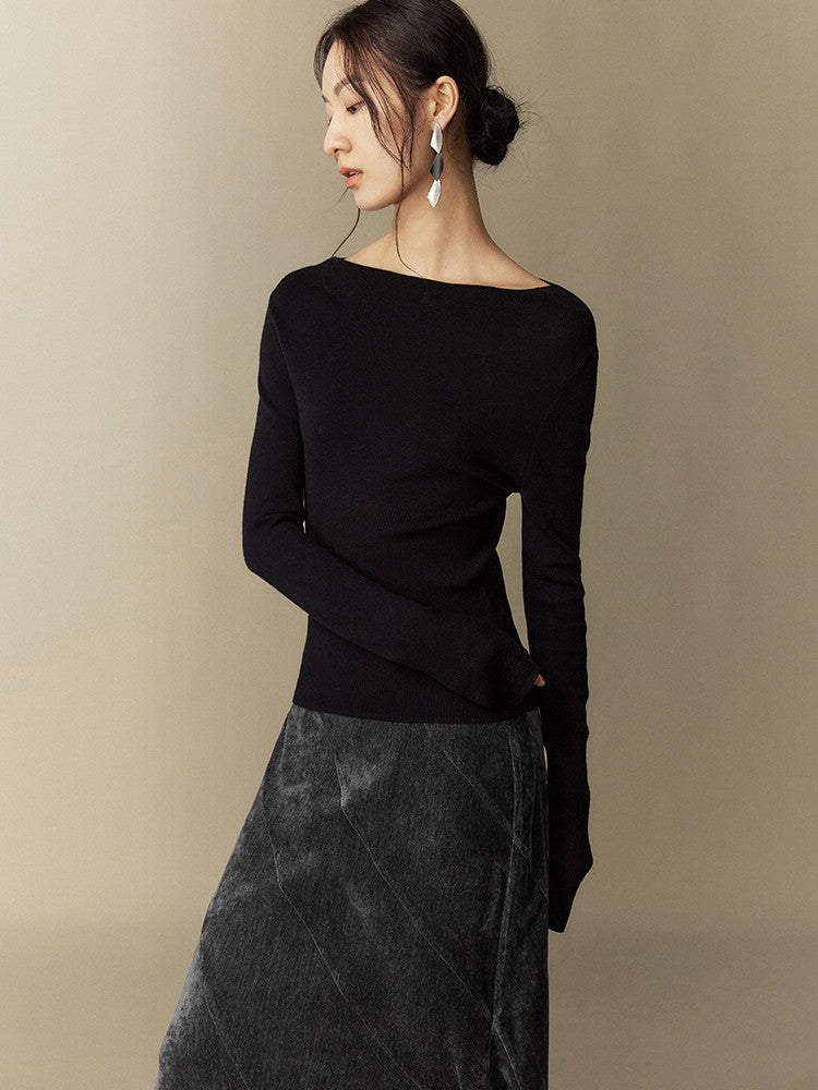 Simple Smooth Rib Boat-Neck Slim Classy Knit