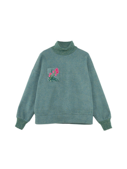 Butterfly Orchid Embroidery High-neck Sweater