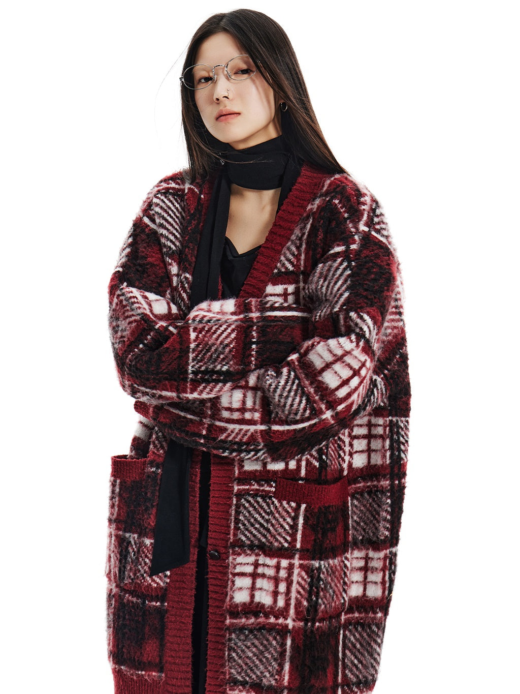 Plaid übergroße V-Ausck-Strickjacke