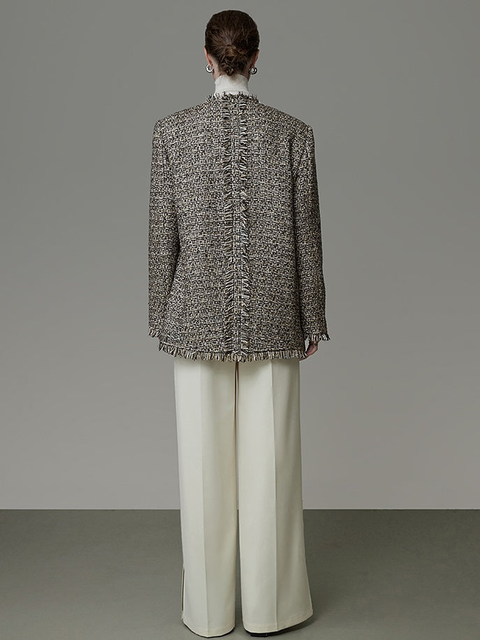 Brushed Design No-Collar Tweed Jacket