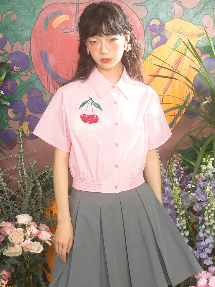 Retro Cream Cherry Embroidered Short-sleeved Shirt