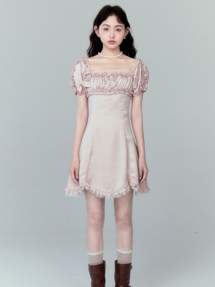 Beaded Chain Frill Decoration Puff Sleeve Dress