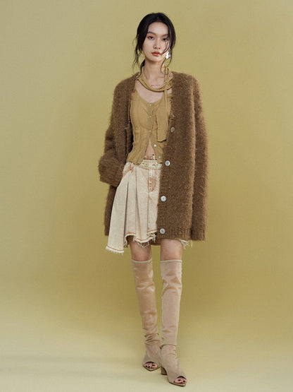 Oversized Furry Placket Ripped Cardigan