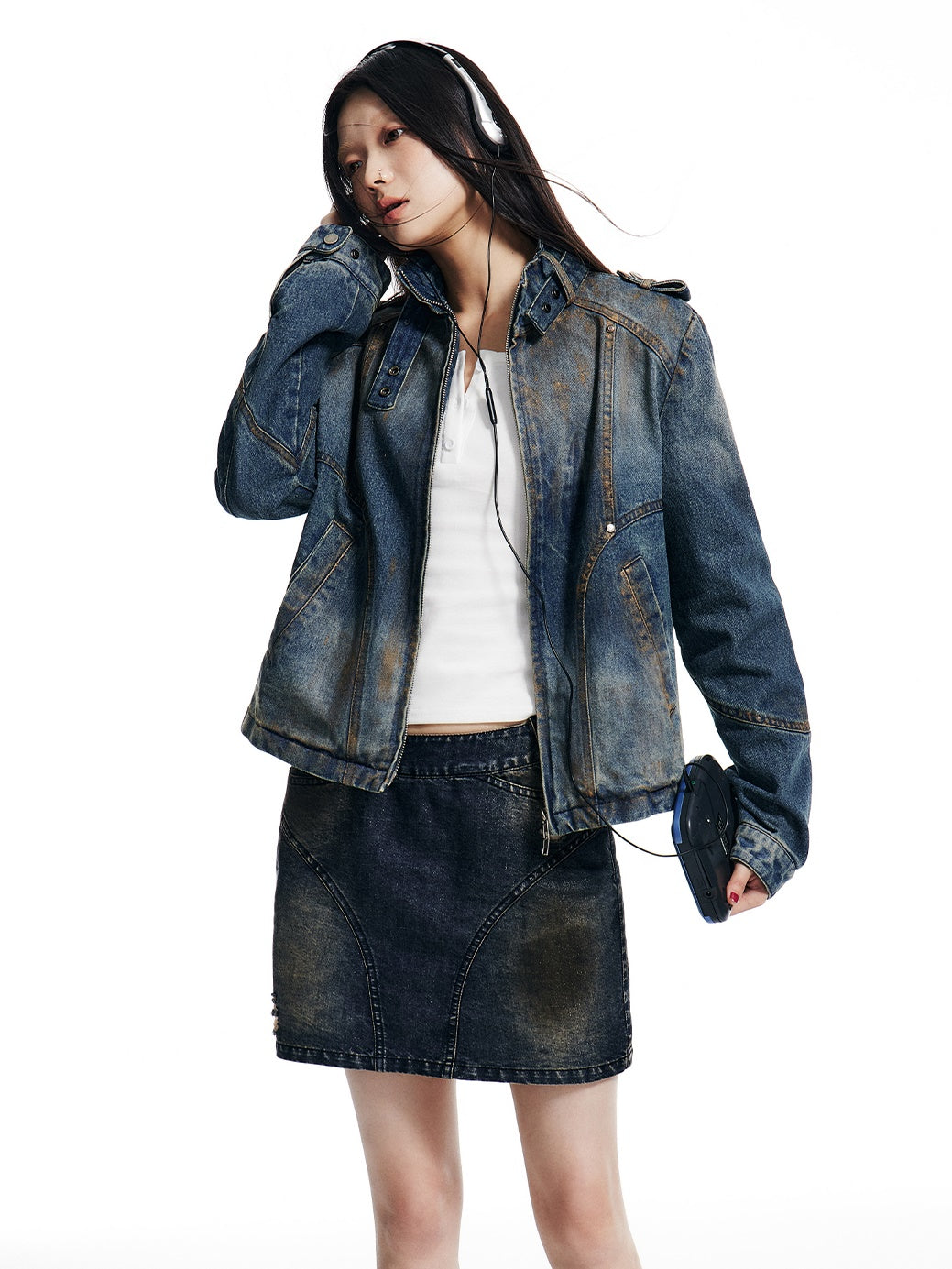 Gold-brushed Slim-fitting Stand-Collar Denim Short Jacket