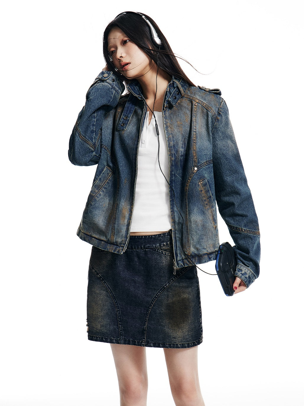 Stand-Collar Denim Short Jacket