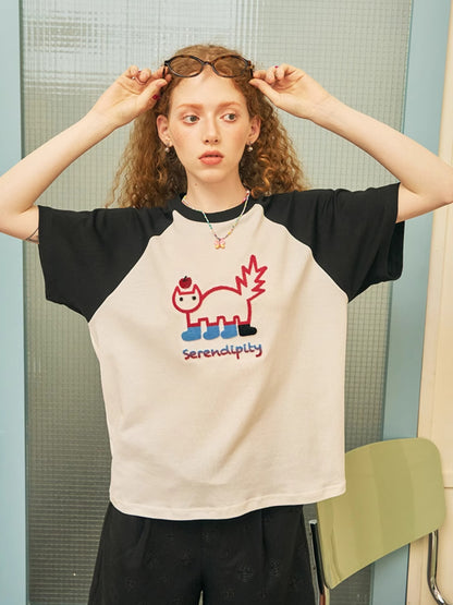 Cartoon Embroidery Raglan Sleeve T-shirt