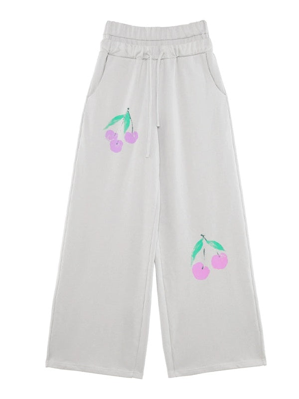 Gradient Cherry Print Double Waist Design Casual Trousers