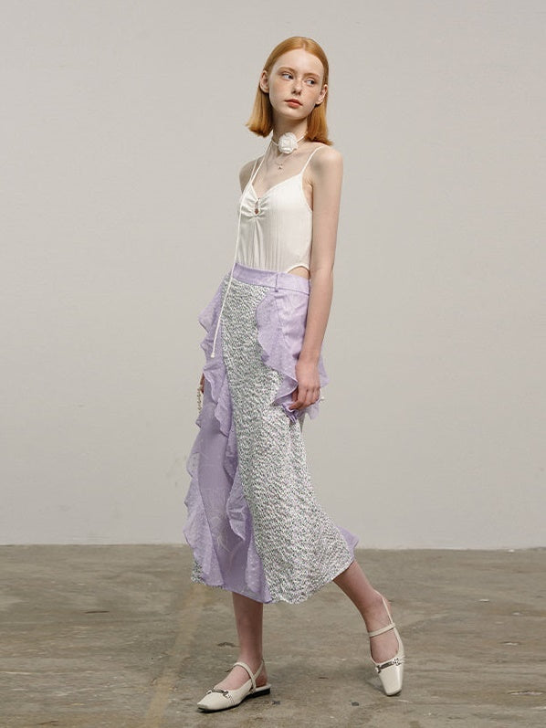 Print Stitching Ruffled Layered High-waisted Skirt