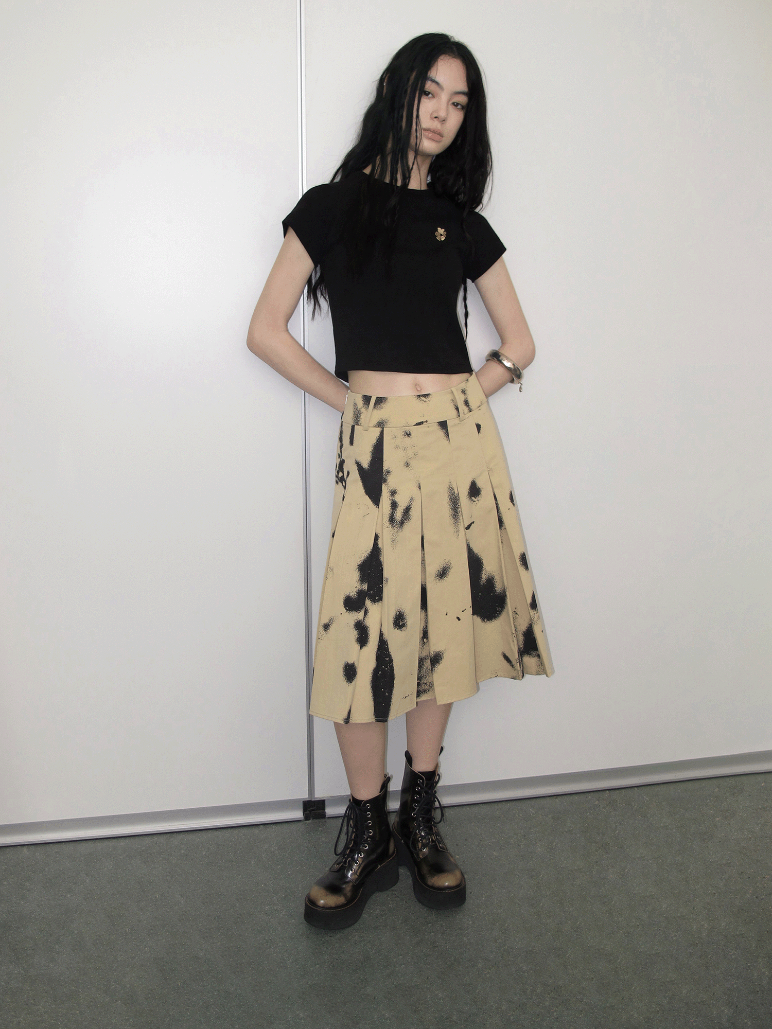 Branches and Leaves Mottled Print Pleated Work Skirt