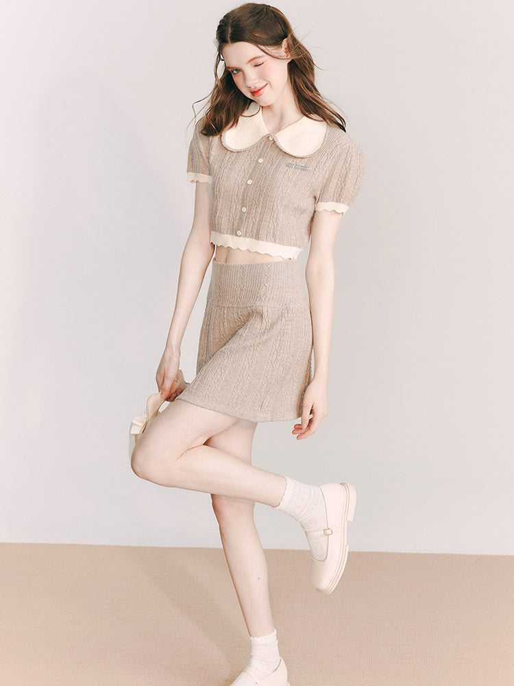 Doll Collar Knitted Top &amp; A-line Half Skirt Set-up