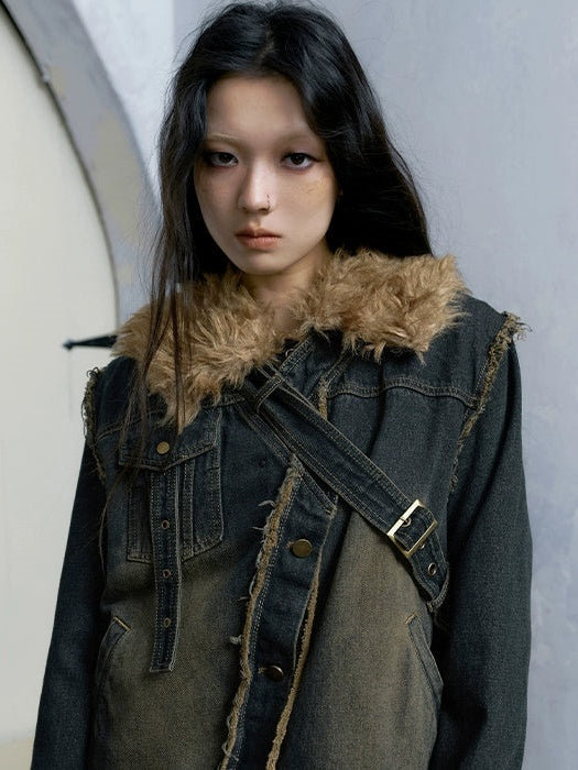 Fur Collar Washed Slant Design Strap Denim Jacket