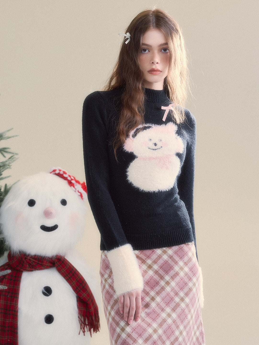 Snowman Splicing Fur Bottle-neck Slim Sweater