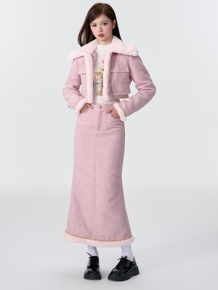 Contrast Color Fur Collar Tweed Padded Jacket &amp; Skirt