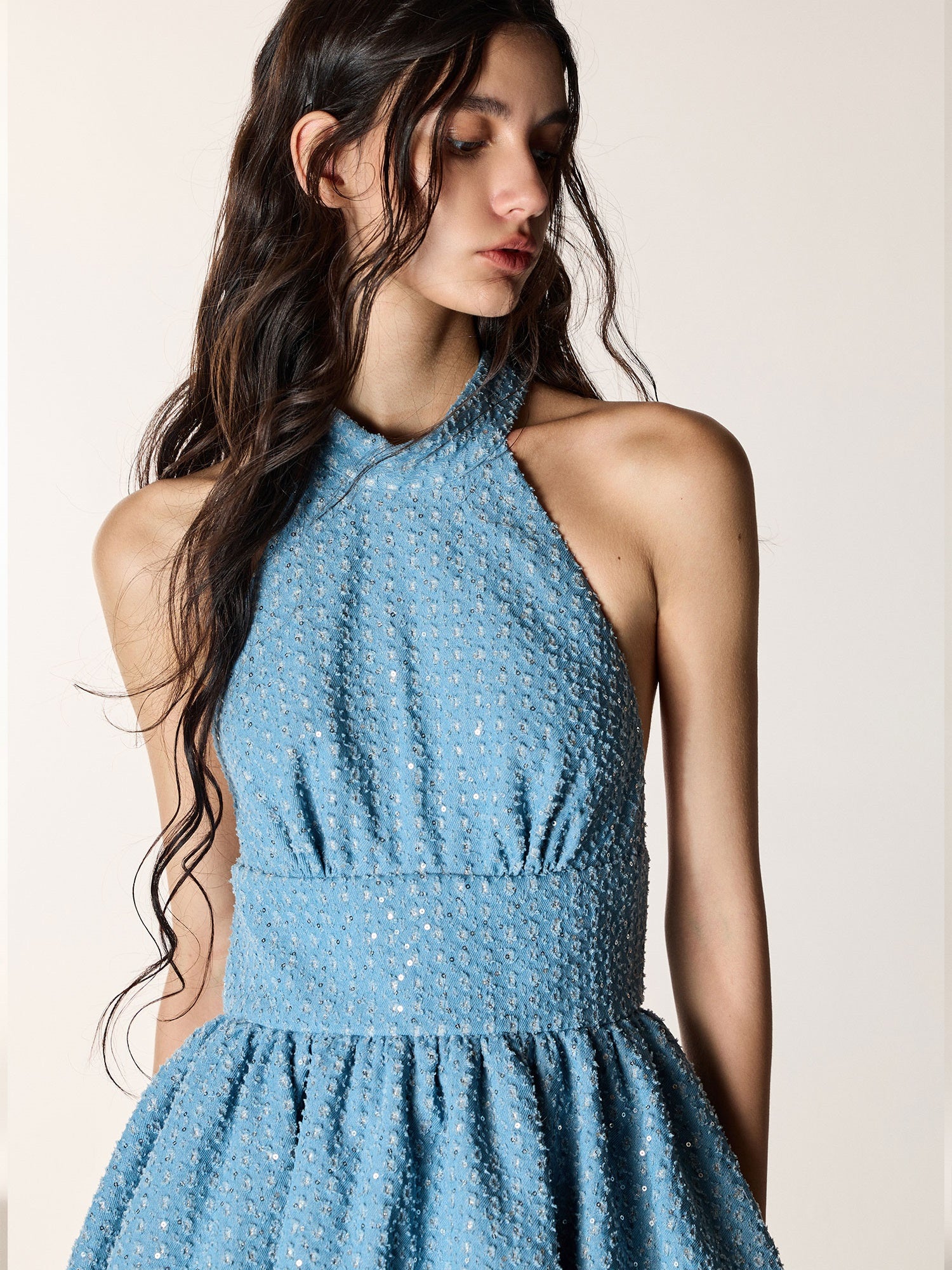 Sequin Embroidered Denim Bow Tiered Dress