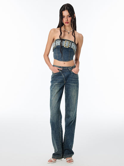 Diagonal -Placket Jeans gewaschene Jeans