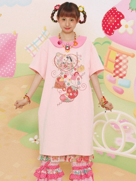 Doll Collar Printed Short-sleeved T-shirt One-piece