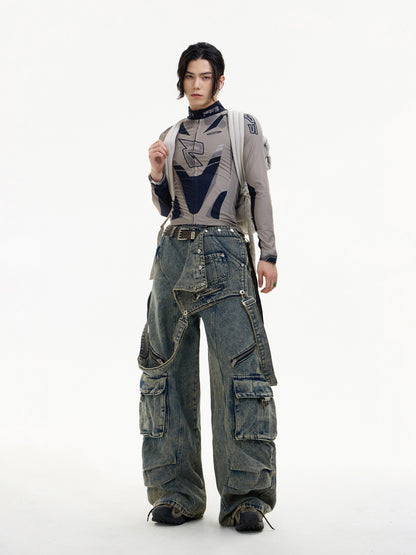 Detachable Suspender Washed Multi-pocket Cargo Jeans