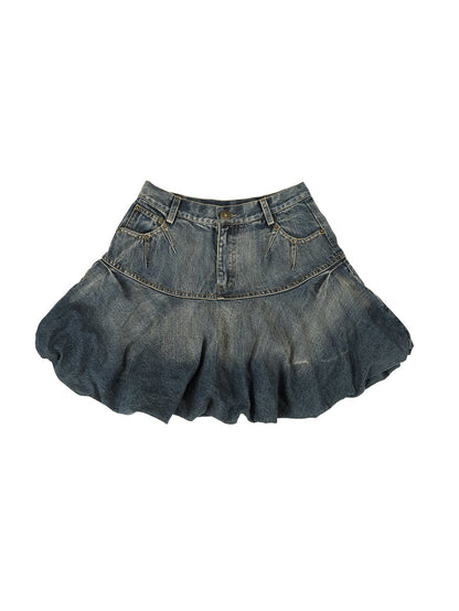 Retro Old Bud Fluffy A-line Denim Skirt