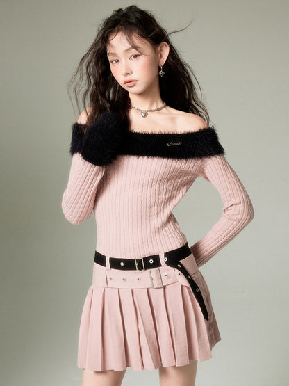 Off-shoulder Knit Double Belt One-piece