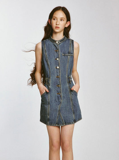 Rretro Stand-up Collar Denim Sleeveless Dress