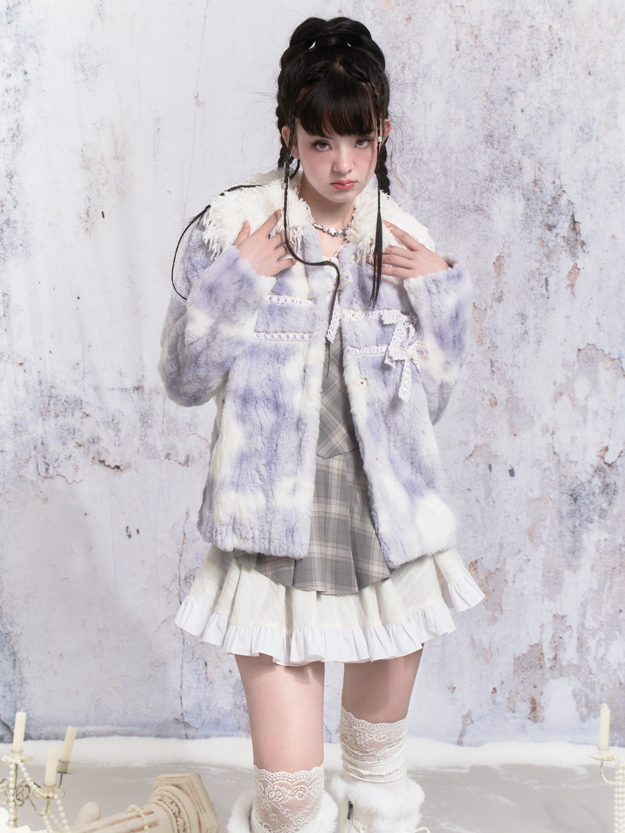 Ribbon Tie-dye Stitching Fur Jacket