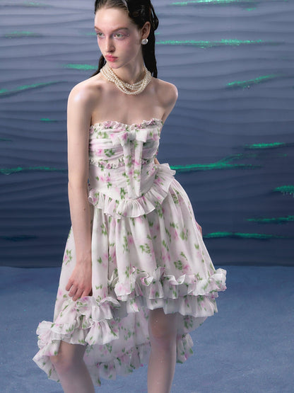 Flower Bow Bare Top Frill Fishtail Dress