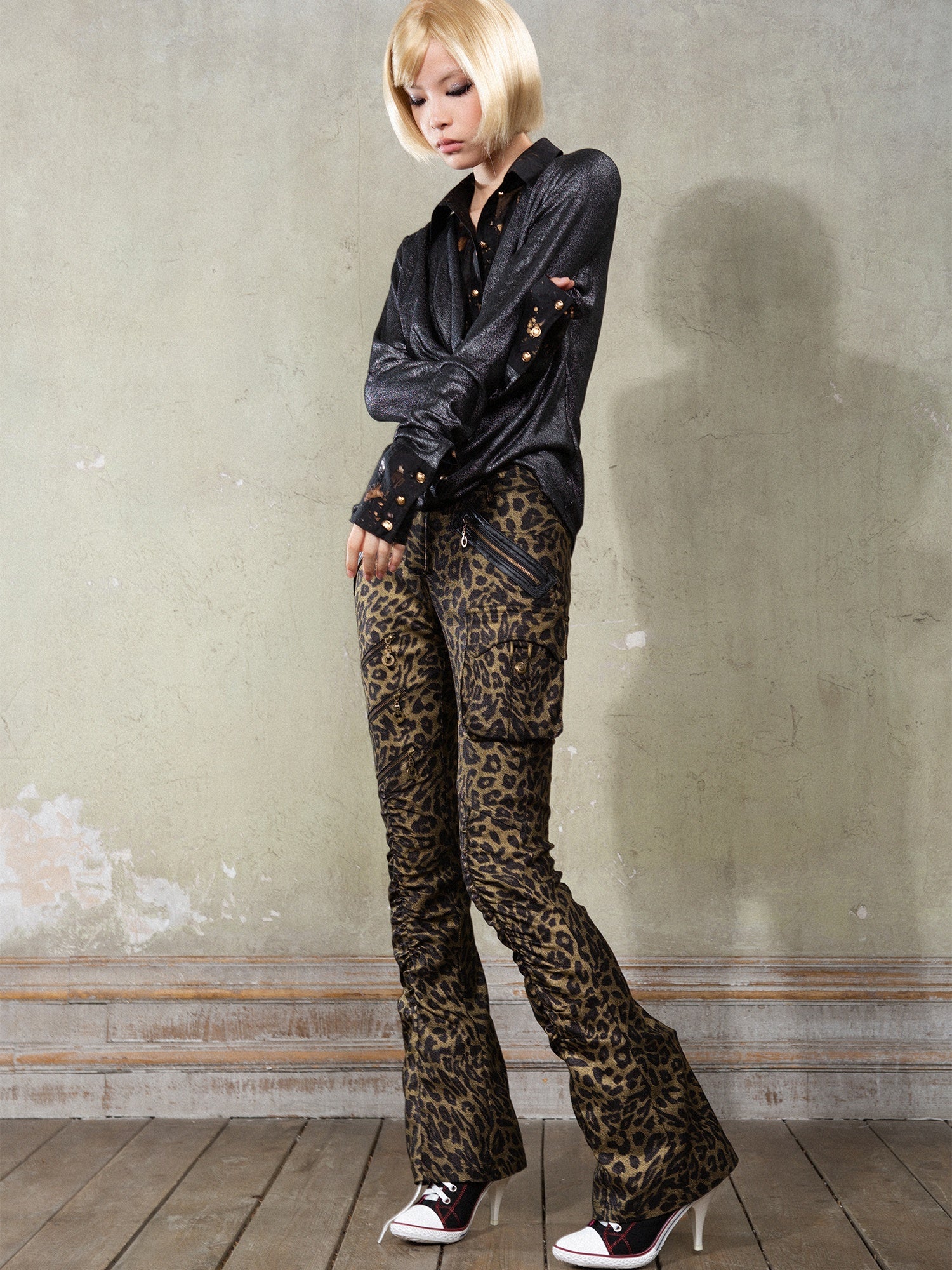 Leopard Print Punk Texture Low-waist Shirring Flared Pants