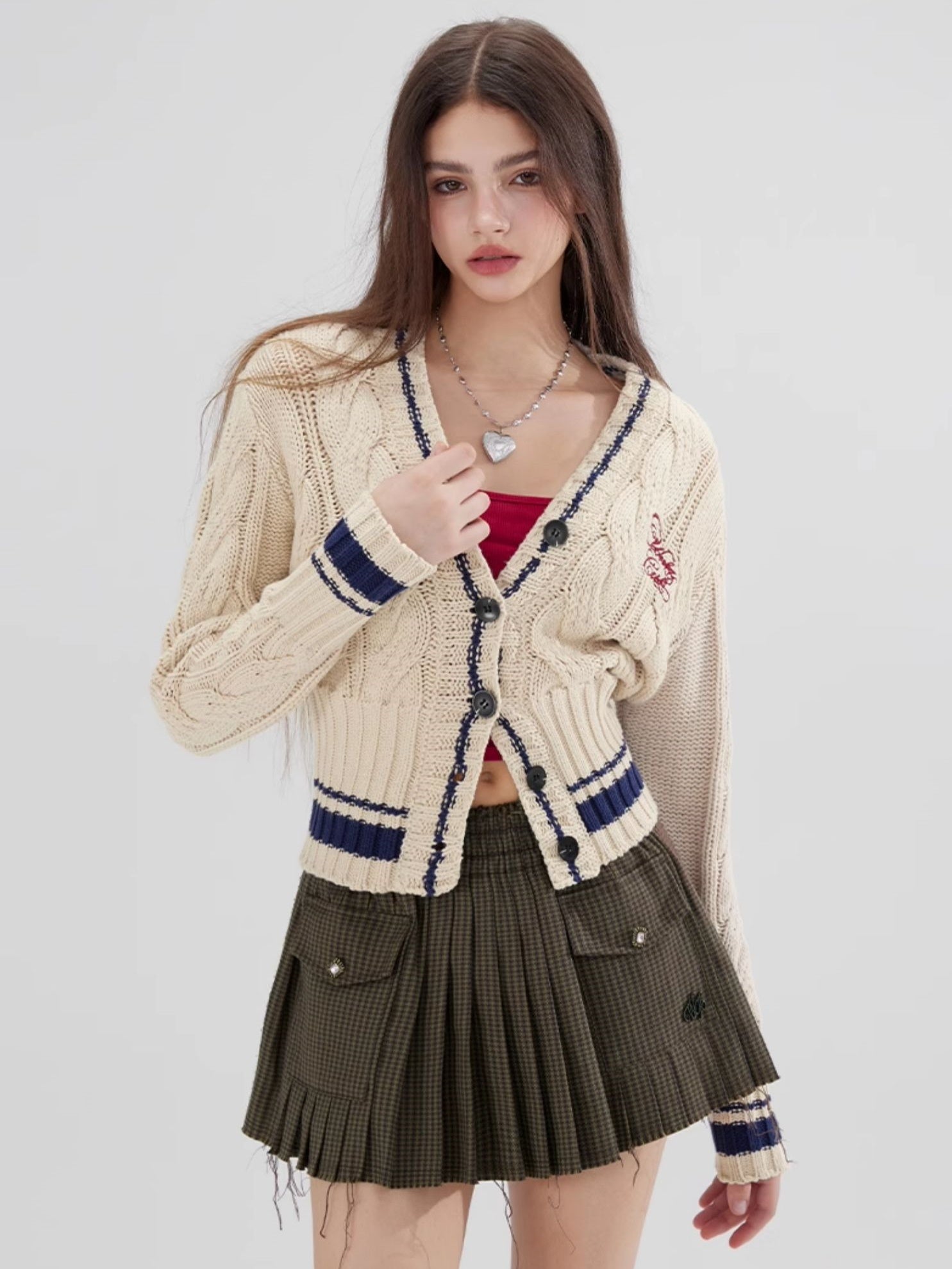 College Style Cable Knitted V-neck Short Cardigan