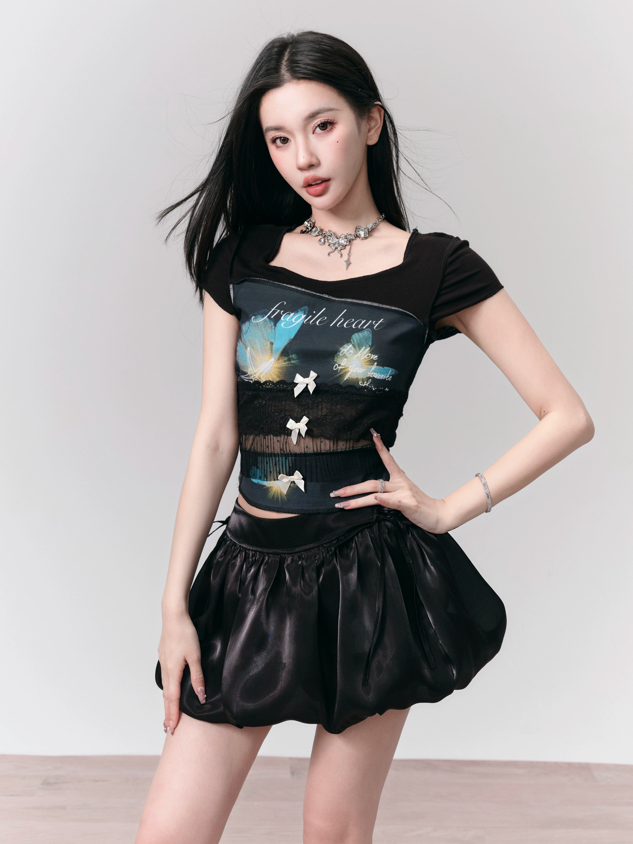 Printed Lace Stitching Bow Slim T-Shirt