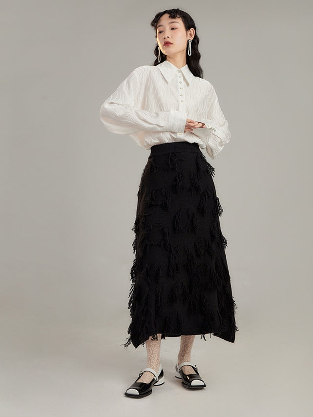 Irregular Jacquard Fringe A-line Mid-length Skirt