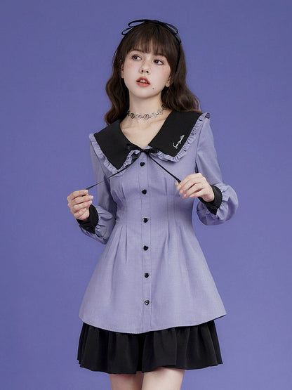 Contrast Color Large Lapel Long-sleeved Dress