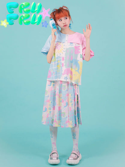 Cartoon Dolphin Printed Pleated Skirt