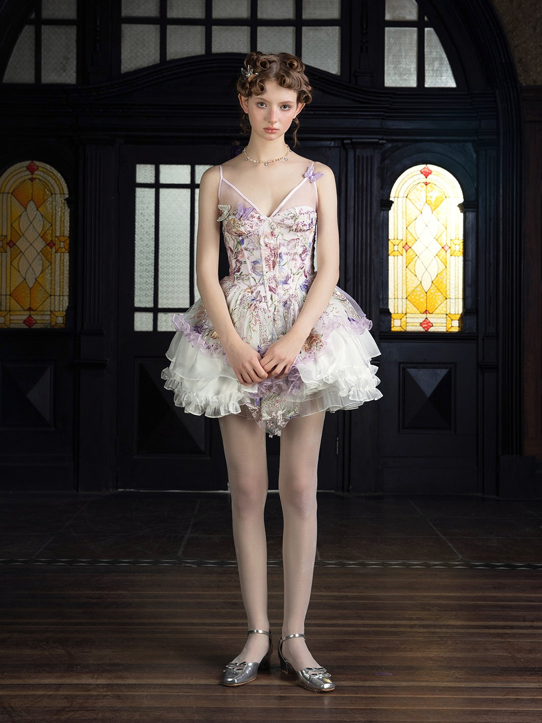 Flower Beading Embroidery Butterfly Strap Layered Dress