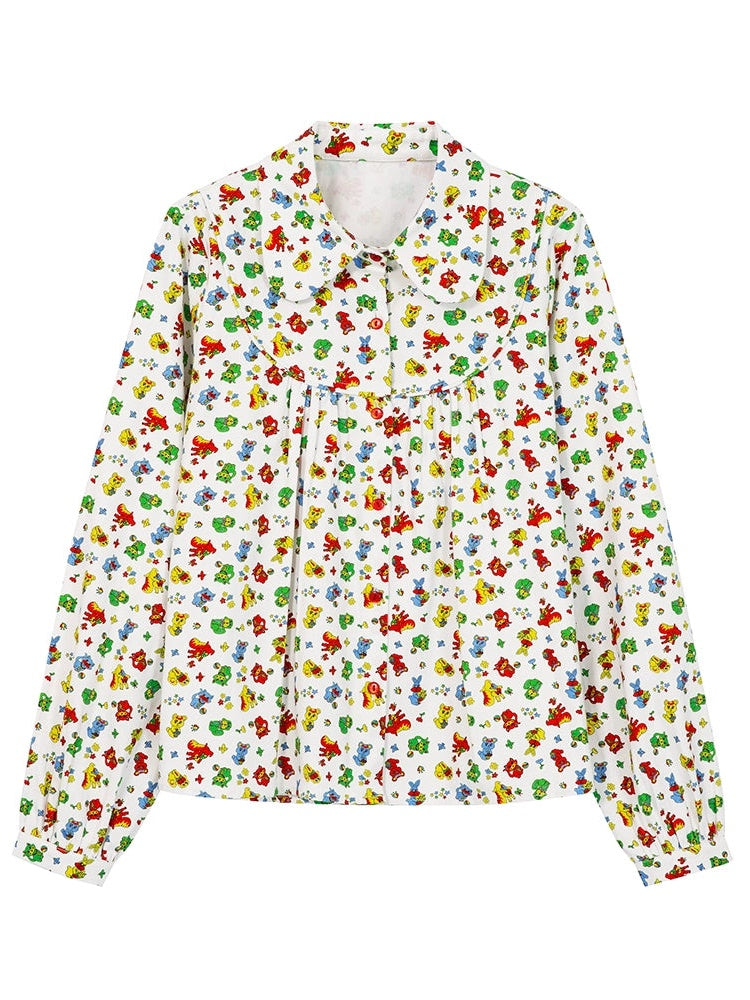 A-line Colorful Print Doll Collar Shirt