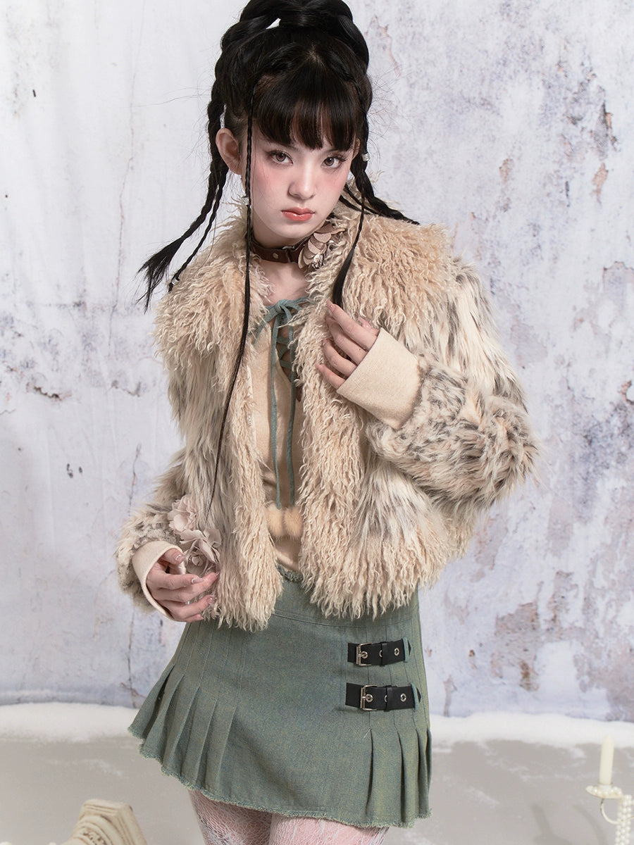 Flower Accent Stitching Fur Short Coat