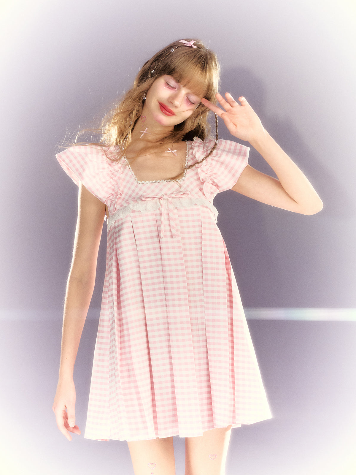 Plaid Bow Lace Square Collar Babydoll Dress