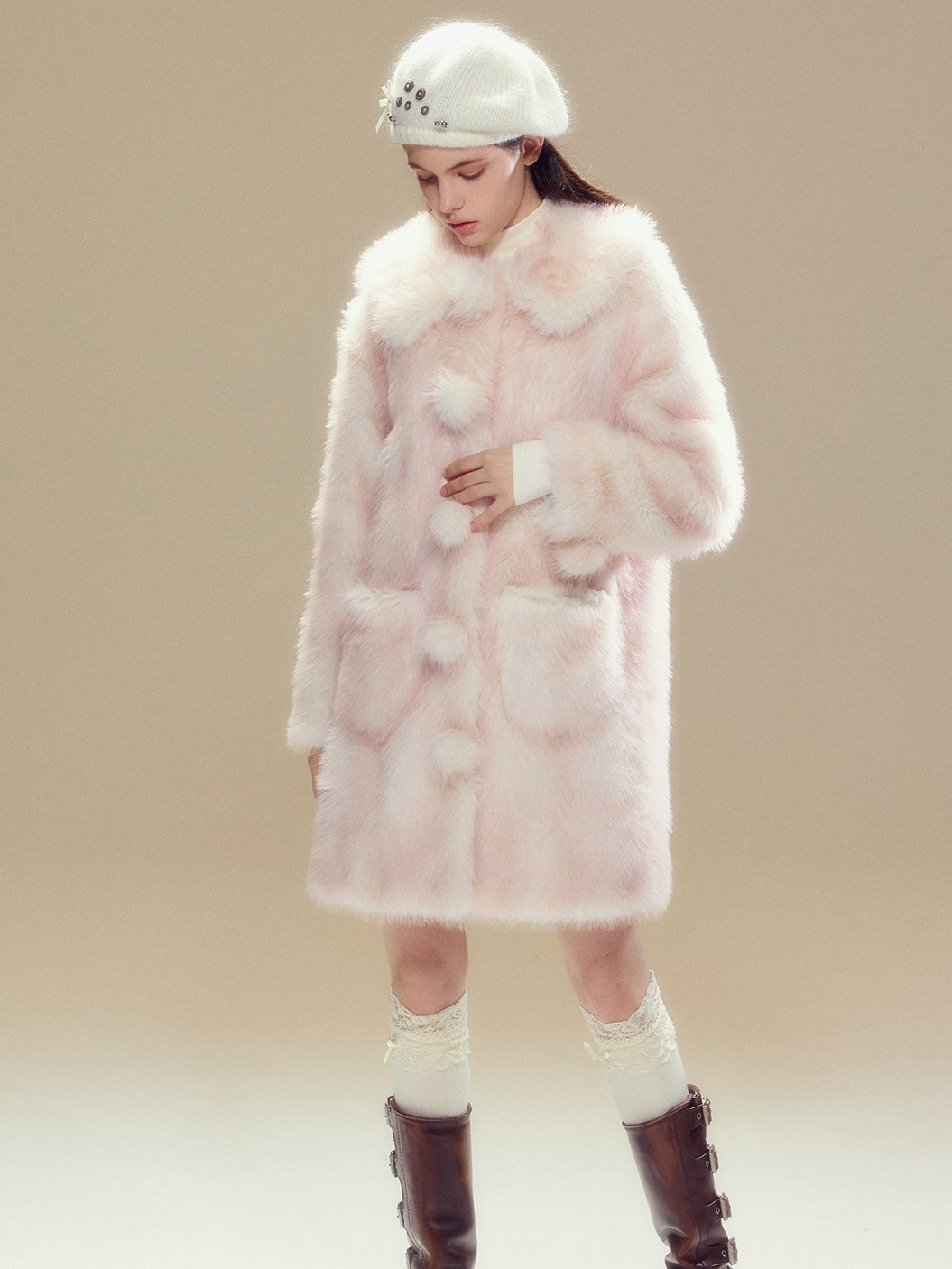 Gradient Doll Collar Fur Ball Imitation Fur Coat