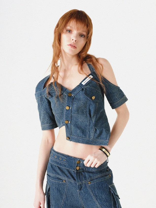 Denim Asymmetry Halter-neck Cropped Top