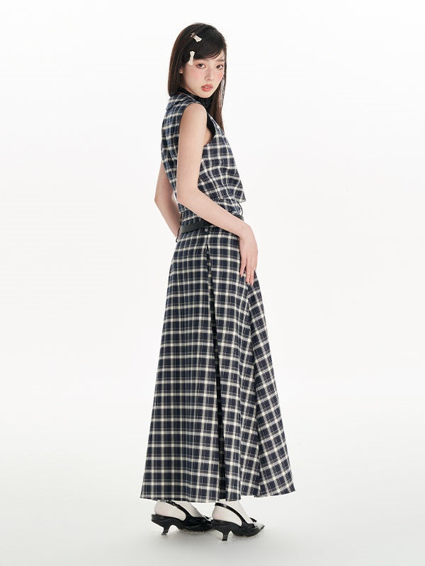 Plaid Short Vest &amp; High Waist A-line Long Skirt