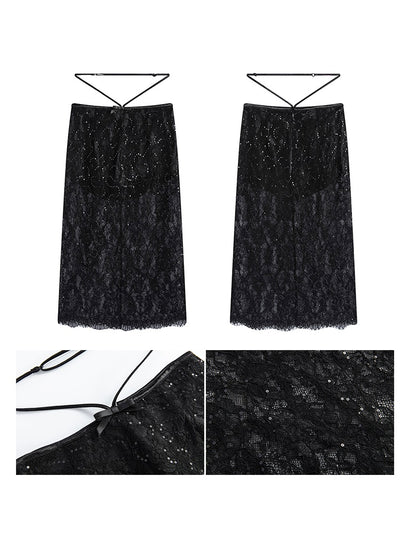 Lace Irregular Hem Camisole &amp; Low Waist Mid-Length Skirt