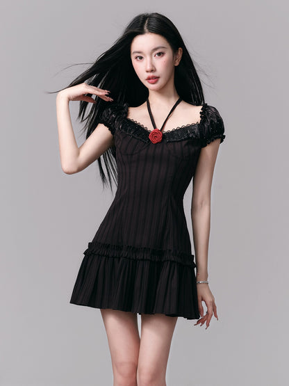 Rose Motif Puff Sleeve Stripe Doll Dress