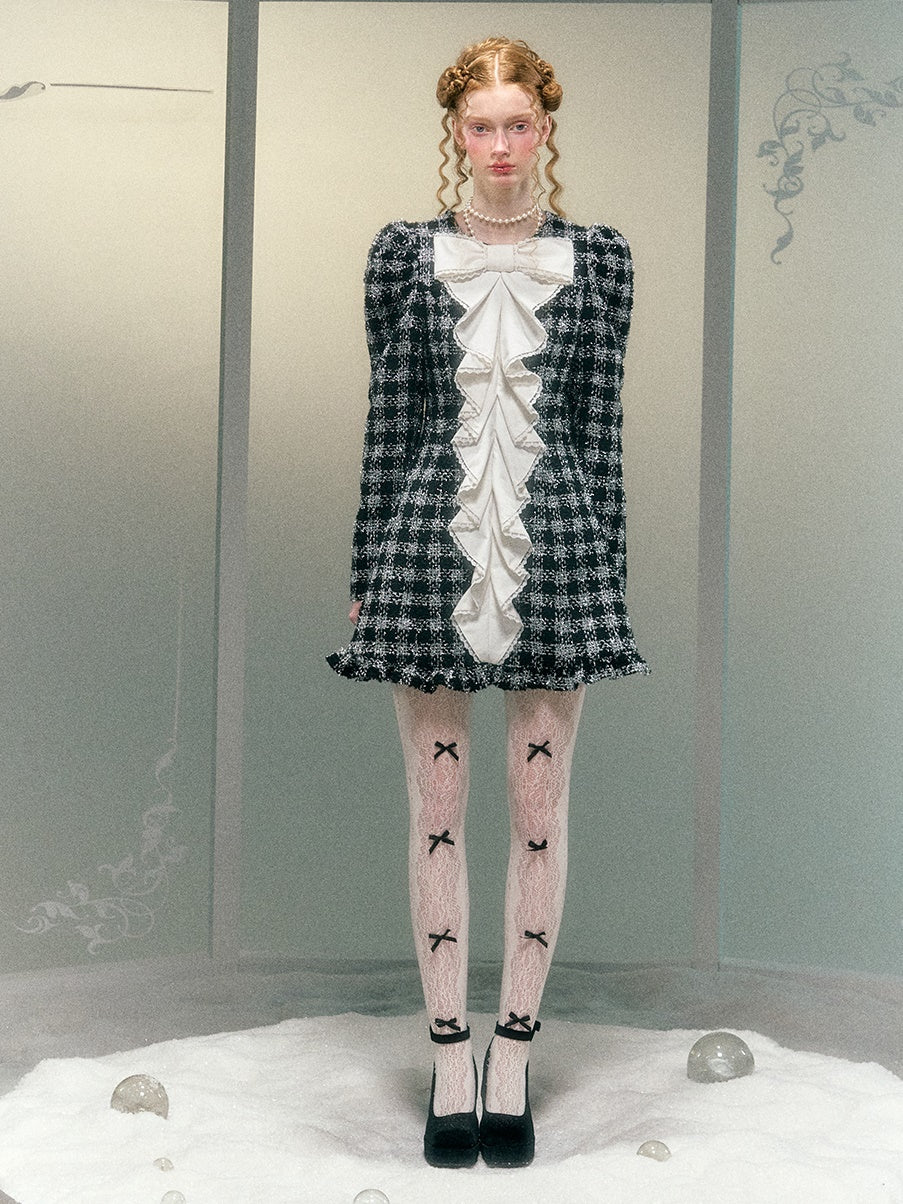 Plaid Overhow Bug Lace Puff Ärmeln enge Kleid