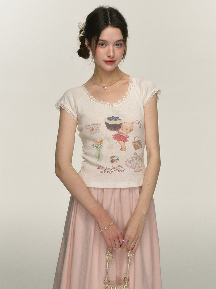 Afternoon Tea Print Sweet Slim Fit T-shirt