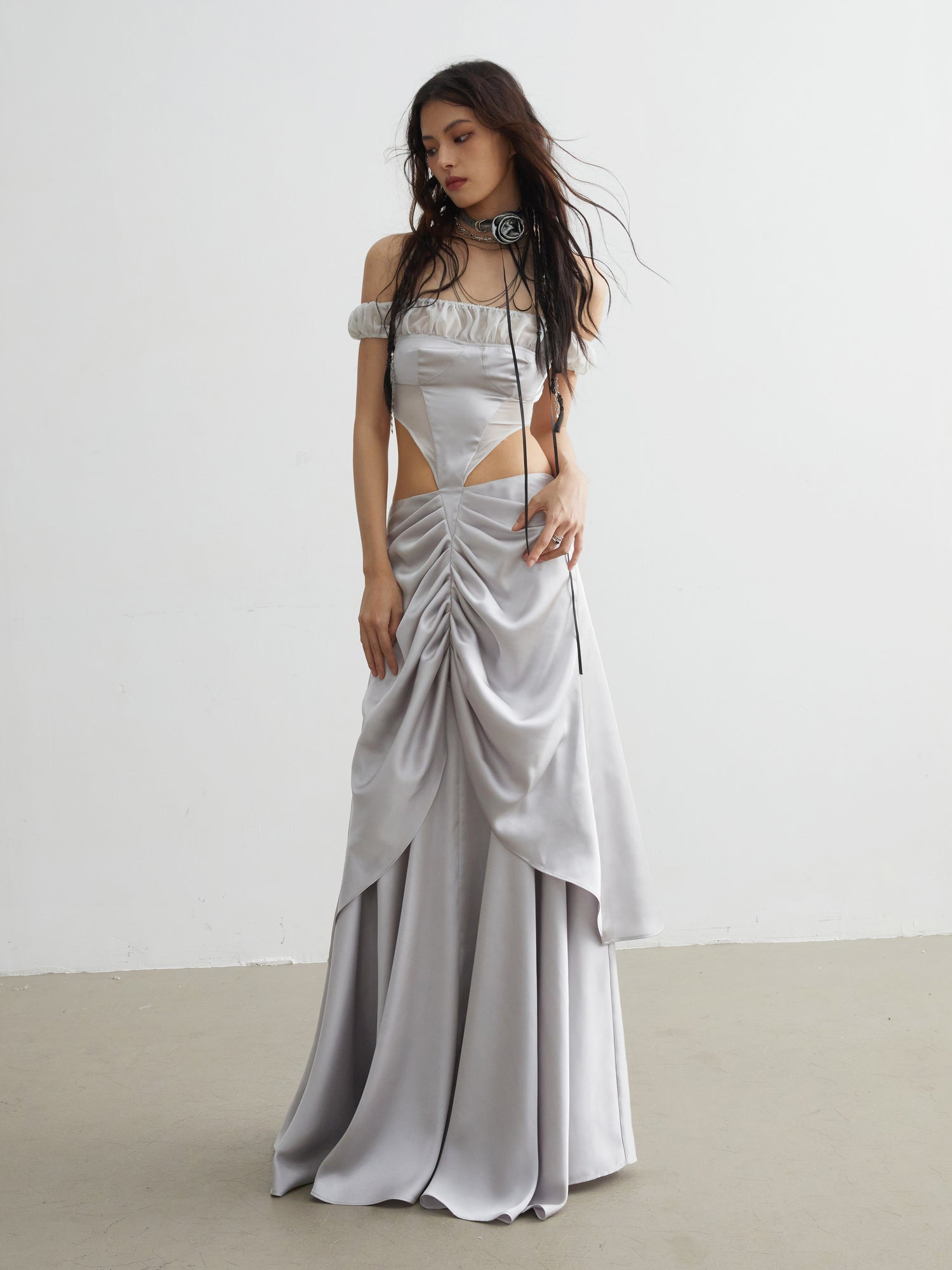 Waistless Off-shoulder Maxi Satin Dress