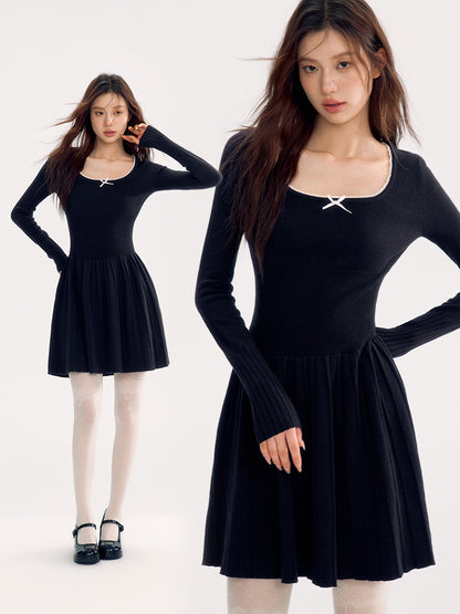 Knit Retro Ribbon Square-Neck Pleats Dress