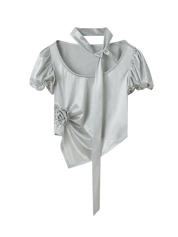 Faltene Bud Sleeve kurzärmeliges Satin-Top